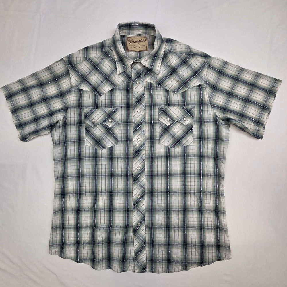 Wrangler Mens Western Snap Plaid Shirt XL Grey Green Short Sleeve Pearl Snap